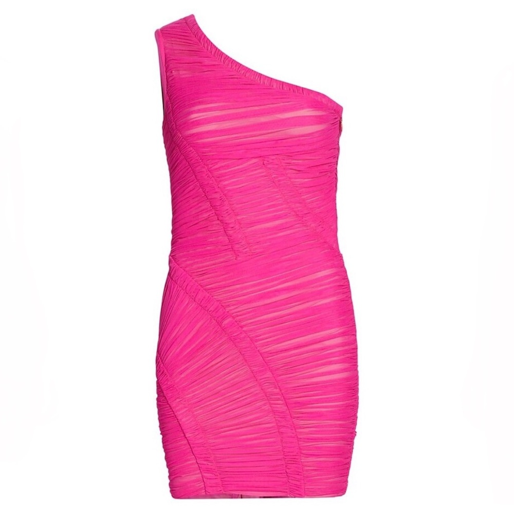NEW NWT Herve Leger One Shoulder Draped Jersey Mini Dress In Neon Pink - Picture 2 of 9